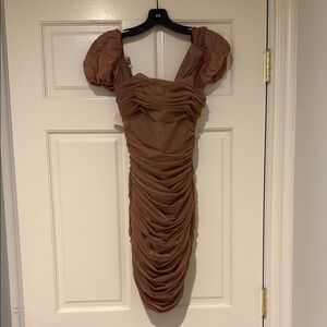 Brown Asymmetrical Ruched Mini Dress